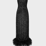 Black sequin slip dress with feather hem detail — Oséree | Endless UAE