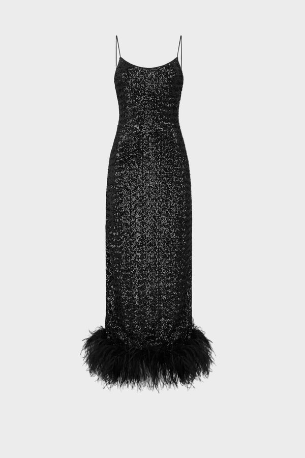 Black sequin slip dress with feather hem detail — Oséree | Endless UAE