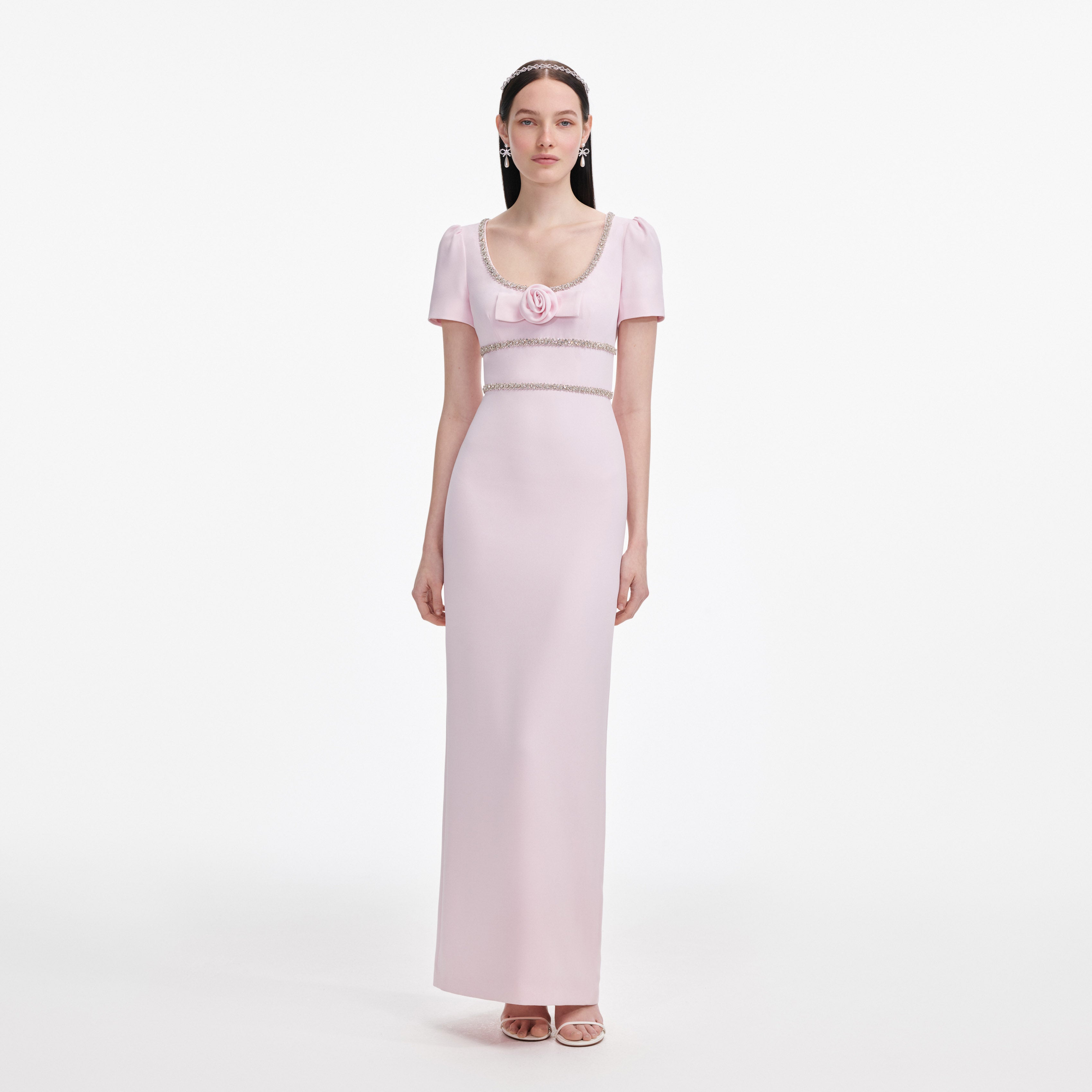 Pink crepe maxi dress with crystal trim and rose detail — Self-Portrait | Endless UAE