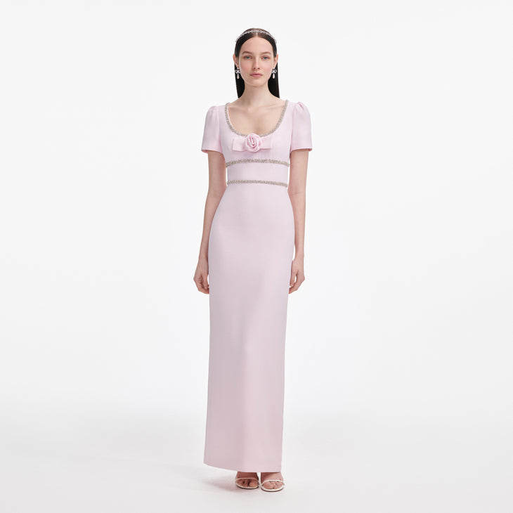 Pink crepe maxi dress with crystal trim and rose detail — Self-Portrait | Endless UAE