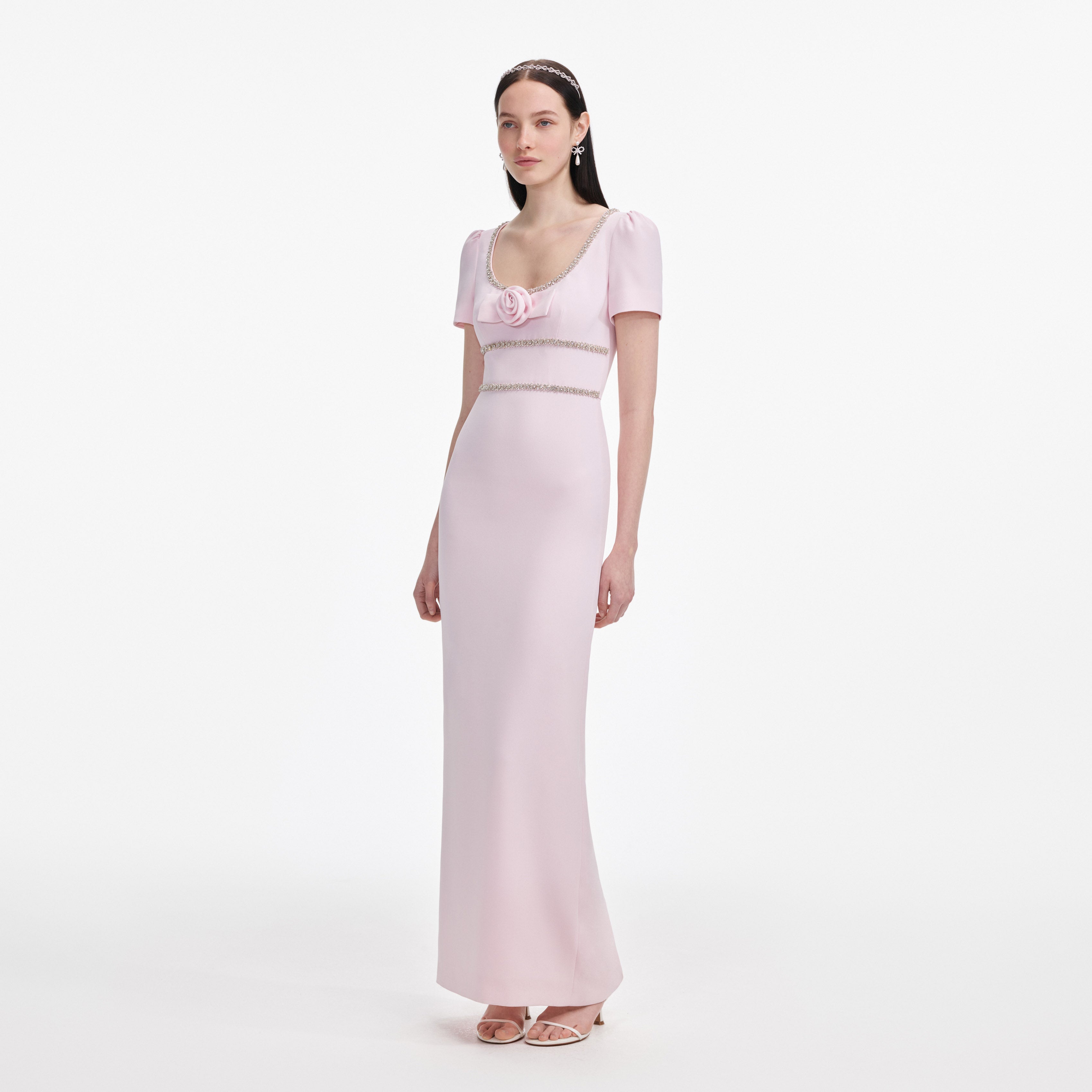 Pink crepe maxi dress with crystal trim and rose detail — Self-Portrait | Endless UAE