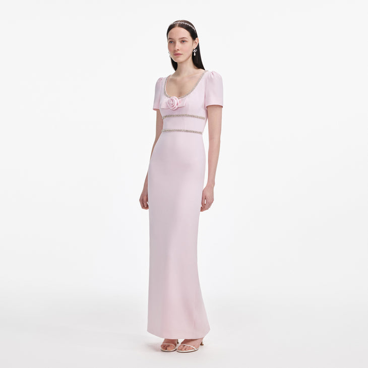 Pink crepe maxi dress with crystal trim and rose detail — Self-Portrait | Endless UAE
