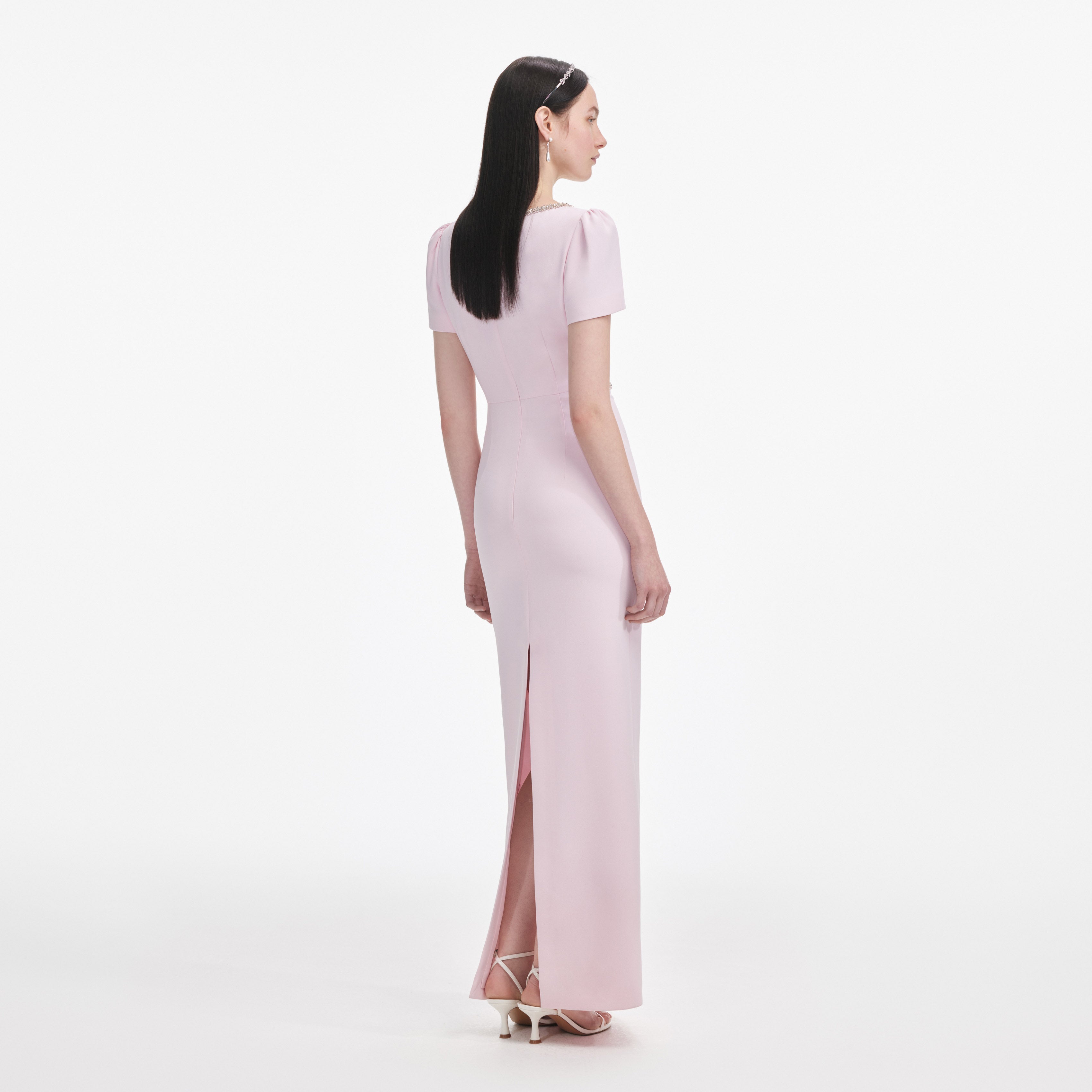 Pink crepe maxi dress with crystal trim and rose detail — Self-Portrait | Endless UAE