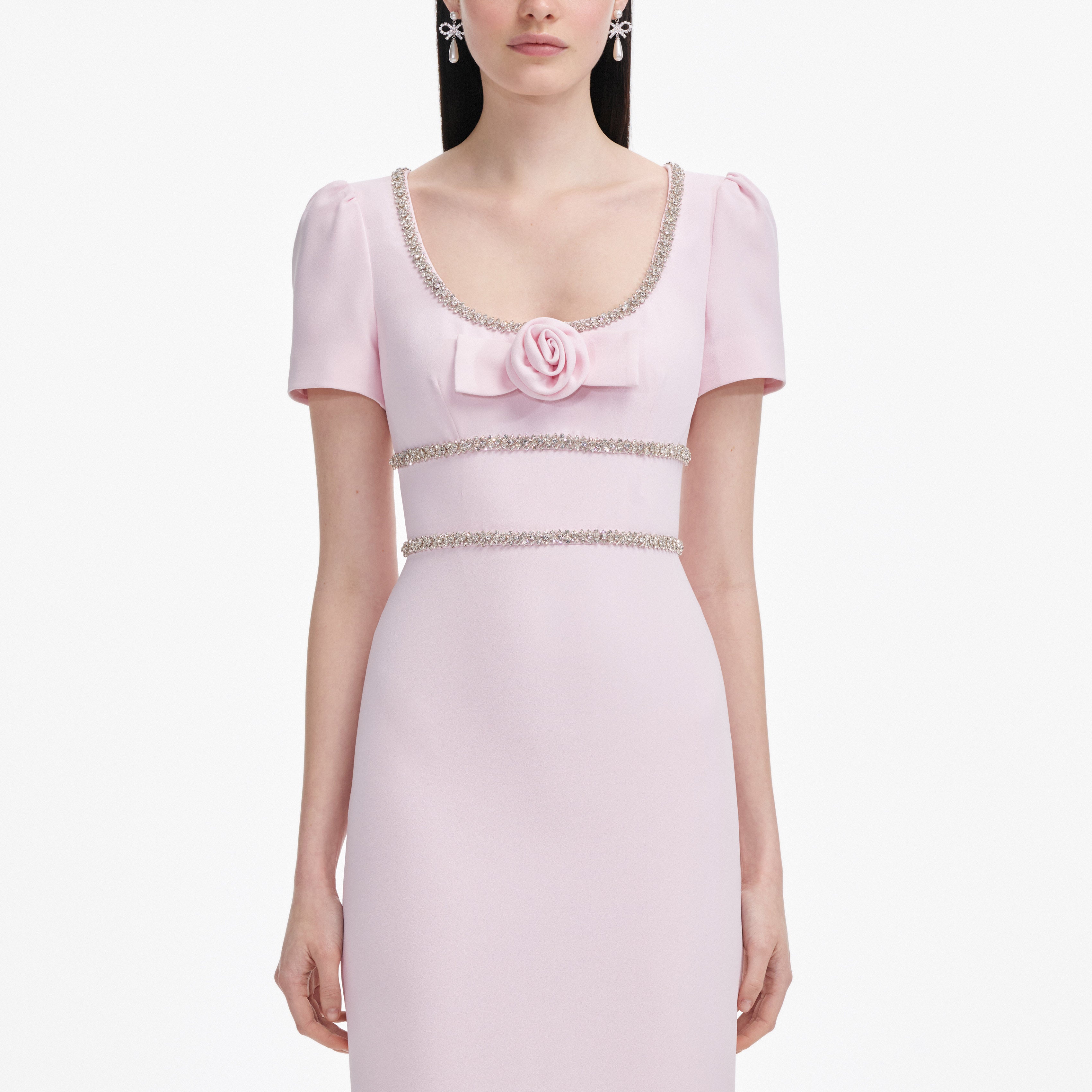 Pink crepe maxi dress with crystal trim and rose detail — Self-Portrait | Endless UAE