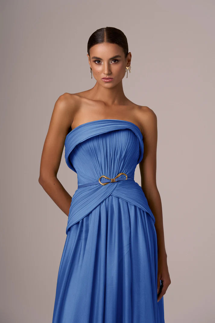 Elegant blue strapless chiffon evening gown with draped bodice and gold belt detail — Eli The Label | Endless UAE