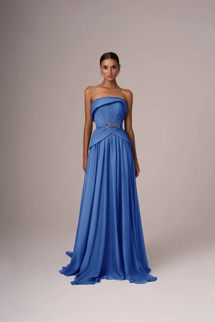 Strapless blue chiffon evening gown with pleated bodice and gold belt detail — Eli The Label | Endless UAE