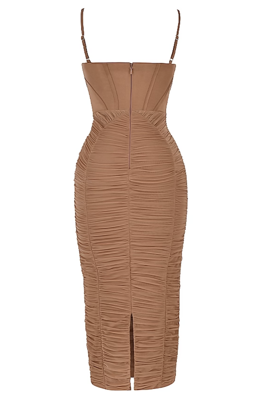 Mocha brown ruched corset maxi dress with adjustable straps and center zip closure — House of CB | Endless UAE