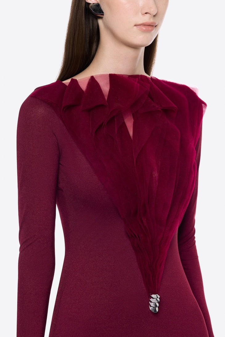 Zerina Dress in burgundy with long sleeves and floor-length silhouette — Chats By C.Dam | Endless UAE