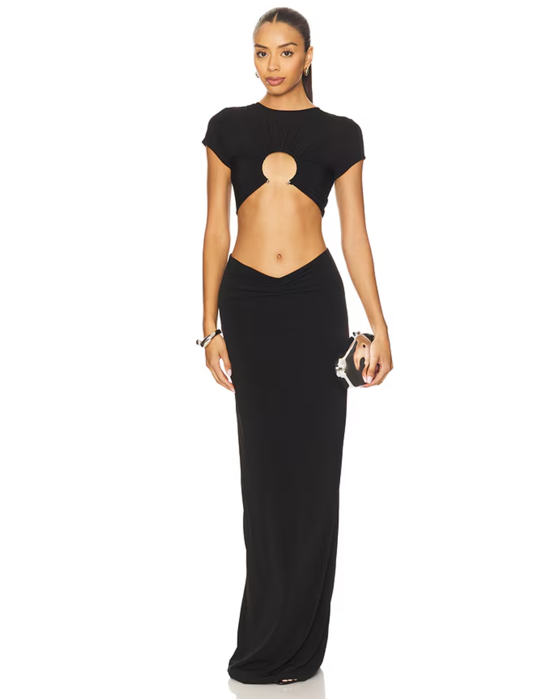 Black cutout maxi gown with short sleeves and sheer chest detail — NBD | Endless UAE