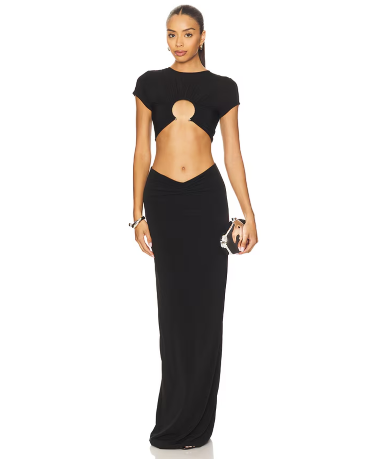 Black cutout maxi gown with short sleeves and sheer chest detail — NBD | Endless UAE