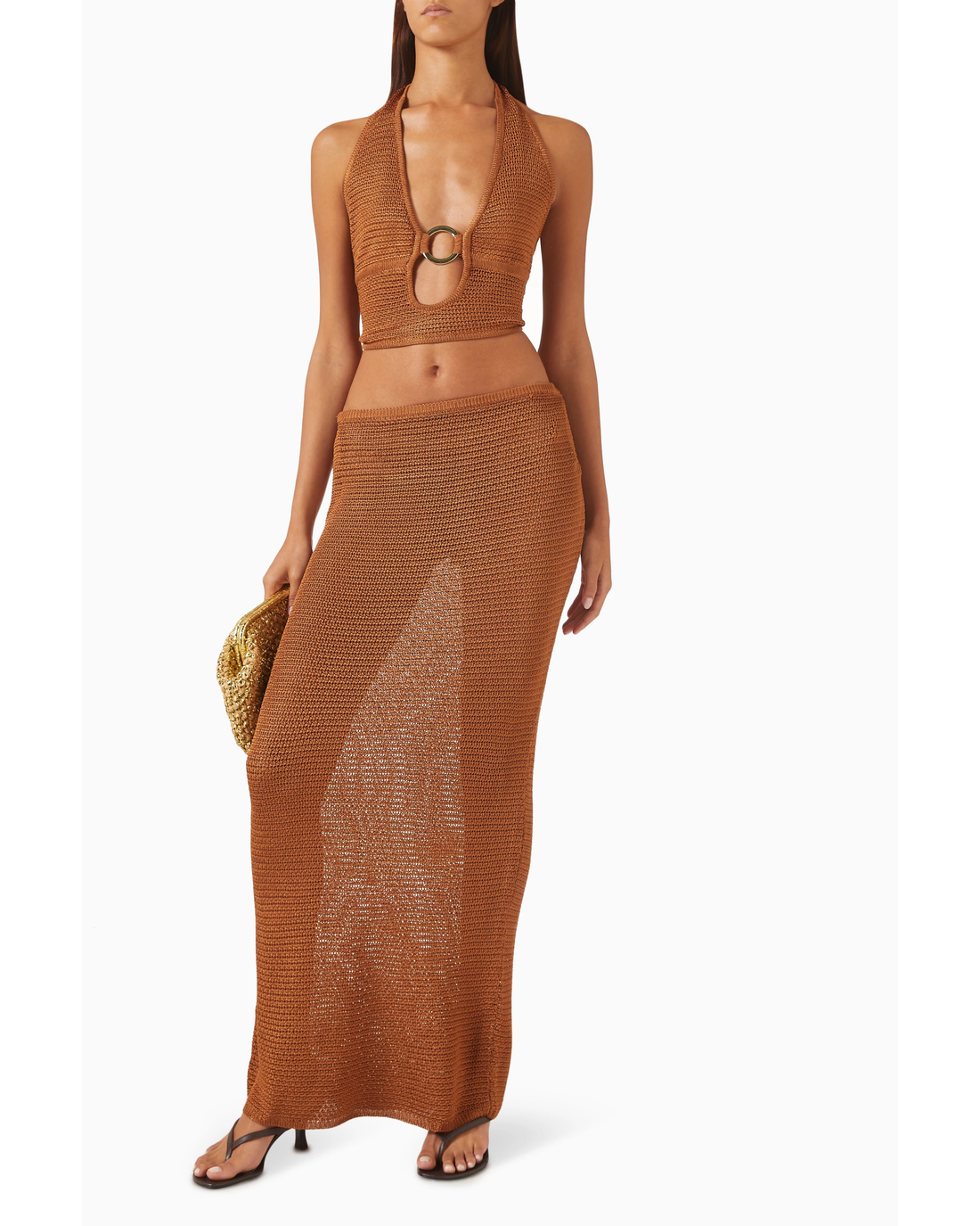 Terracotta knit halter crop top and maxi skirt set with ring detail — Monday Swimwear | Endless UAE