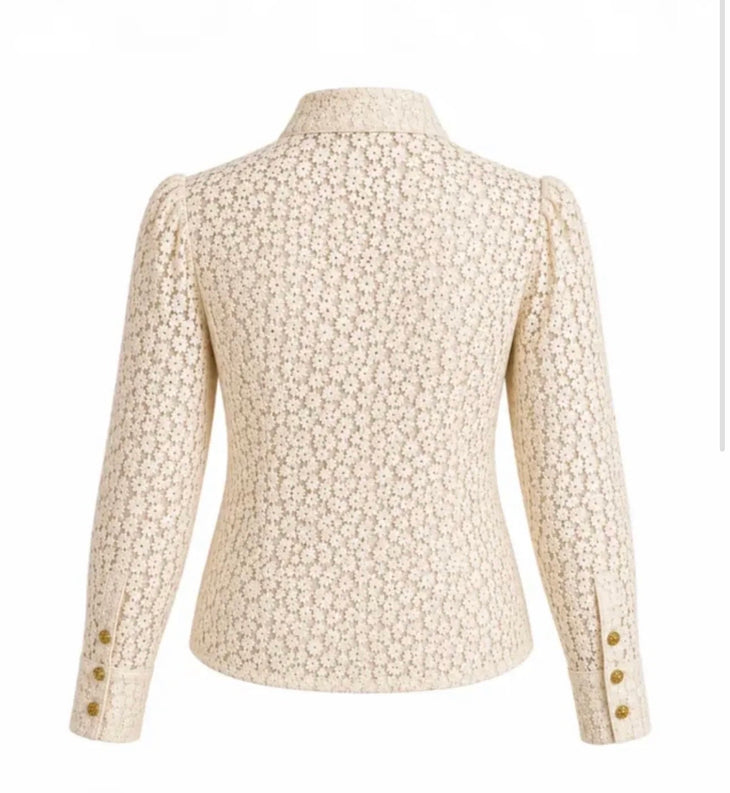 Cream lace shirt with gold buttons and puffed sleeves — Baicoz | Endless UAE