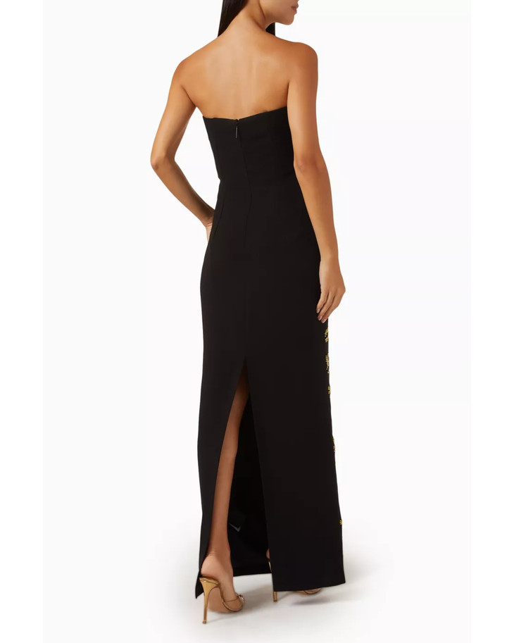 Black strapless gown with gold crystal-embellished floral and leaf pattern throughout — 16Arlington | Endless UAE