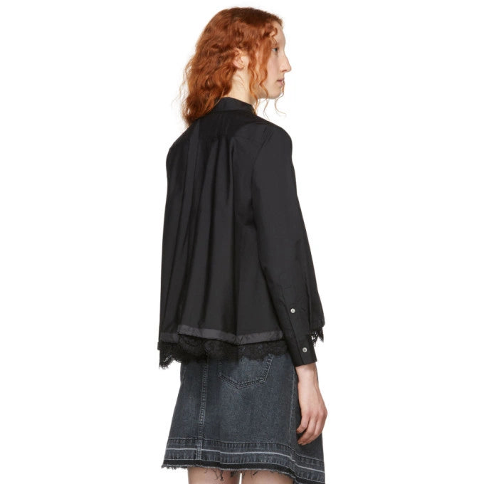 Black Cotton Poplin Shirt with Button Front and Curved Hem — Sacai | Endless UAE