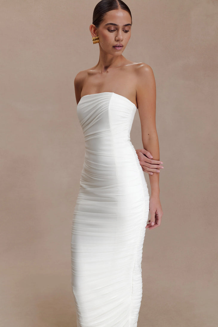 White strapless ruched mesh maxi dress with fitted silhouette — Meshki | Endless UAE