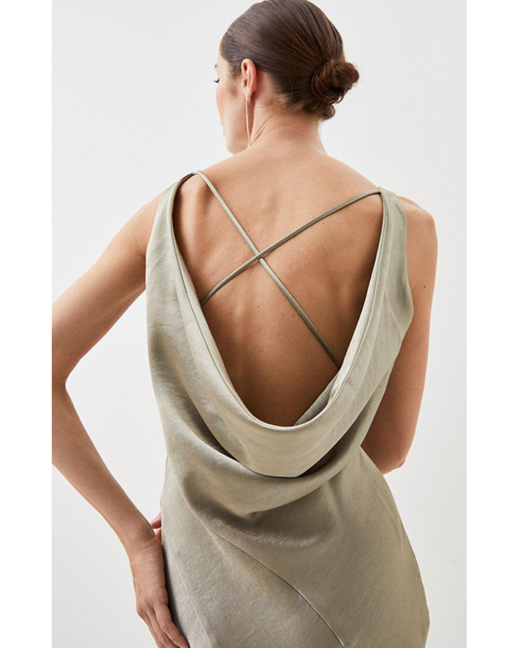Beige sleeveless wrap maxi dress with curved seam details — Karen Millen | Endless UAE