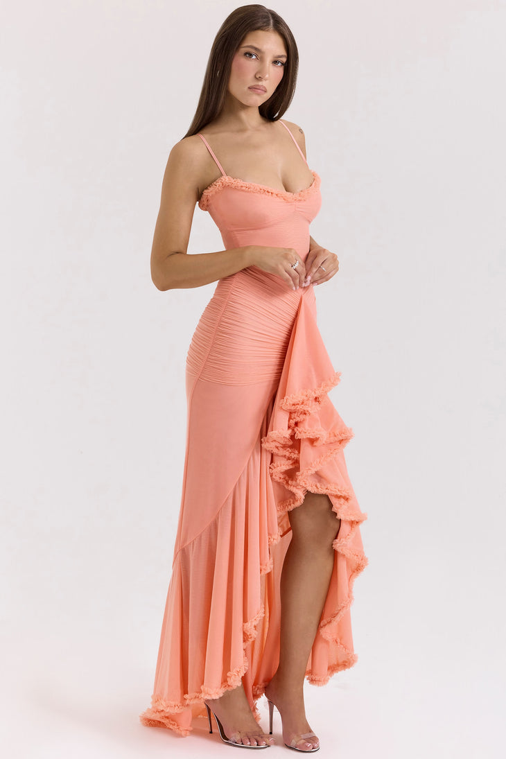 Gabbi Peach Mesh Ruffled Front Gown — House of CB | Endless UAE