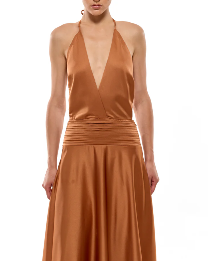 Amadine Deep V Plunge Dress in terracotta — Runaway The Label | Endless UAE