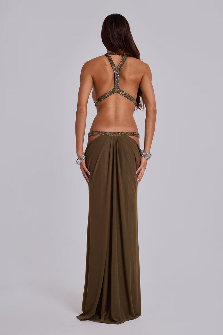6AM Cut Out Maxi Dress in Moss with embellished straps — Jaded London | Endless UAE