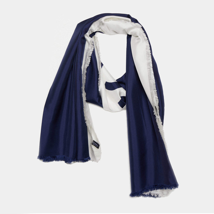 Navy and white reversible silk shawl with frayed edges and logo detail — Chanel | Endless UAE