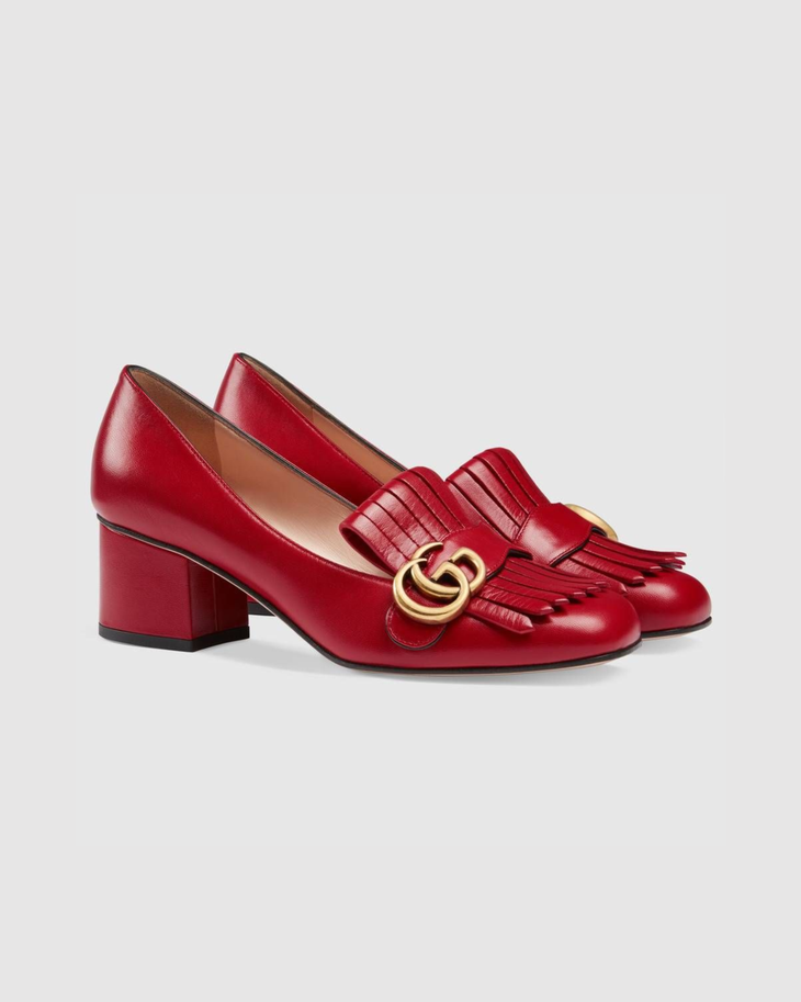 Red leather GG Marmont loafers with fringe and gold hardware — Gucci | Endless UAE