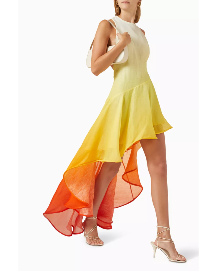 Woman wearing ombre sleeveless mini dress with asymmetrical waterfall hem in cream, yellow and orange — Zimmermann | Endless UAE