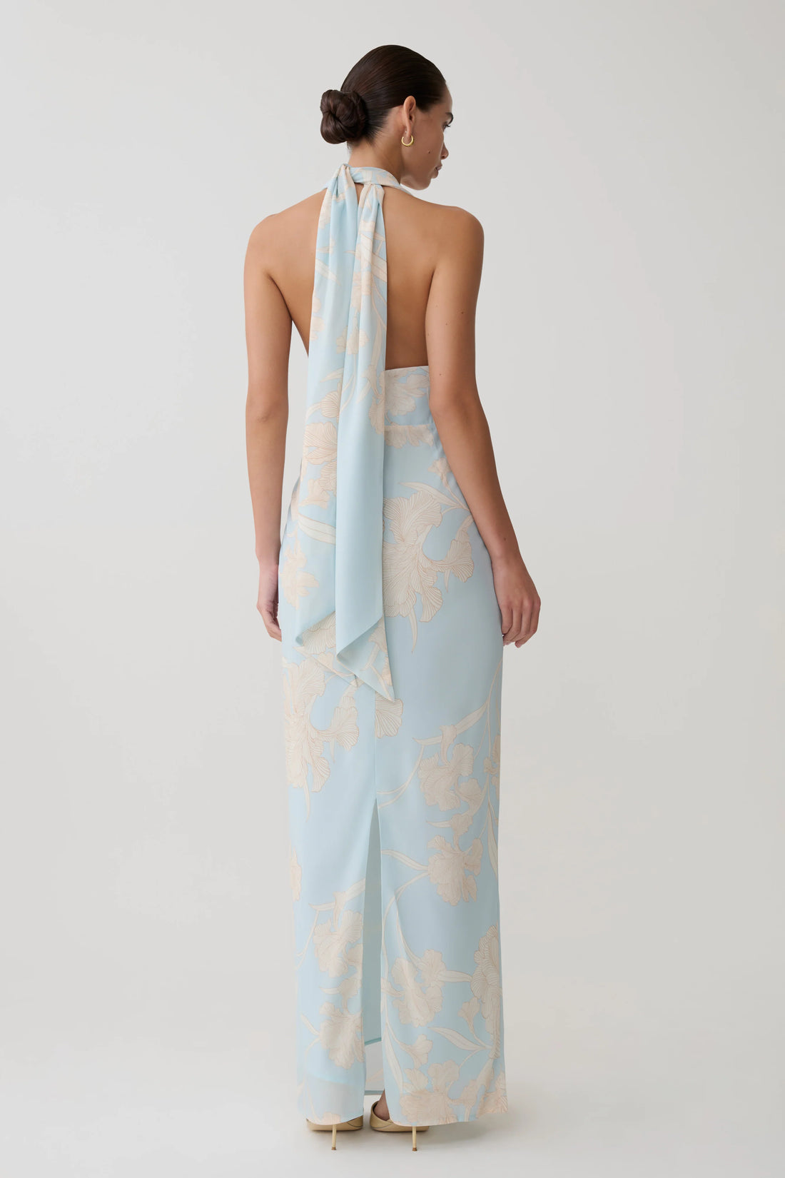 Light blue chiffon halter maxi dress with cream floral embroidery and scarf neckline — Meshki | Endless UAE