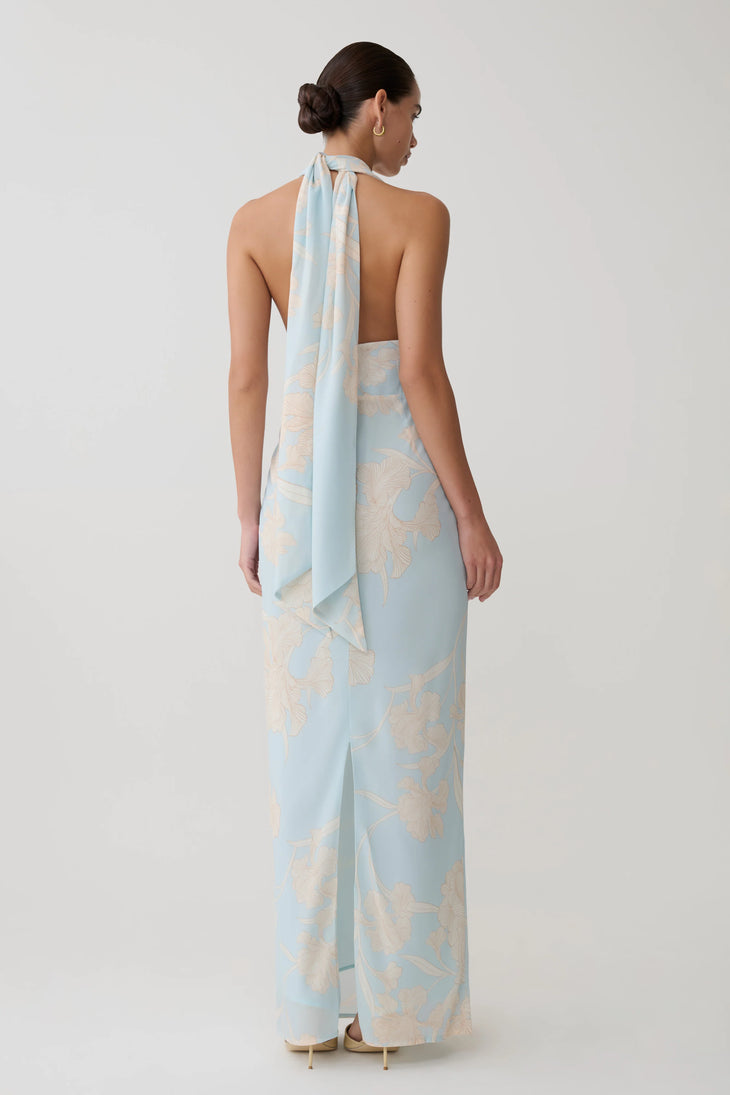 Light blue chiffon halter maxi dress with cream floral embroidery and scarf neckline — Meshki | Endless UAE