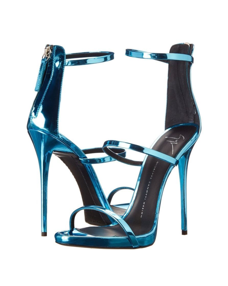 Metallic blue ankle-strap stiletto heels with glossy finish and black leather accents — Giuseppe Zanotti | Endless UAE