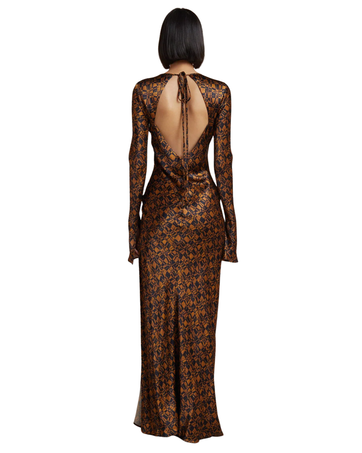 Bronze floral lace maxi dress with long sleeves and high slit — Bec + Bridge | Endless UAE