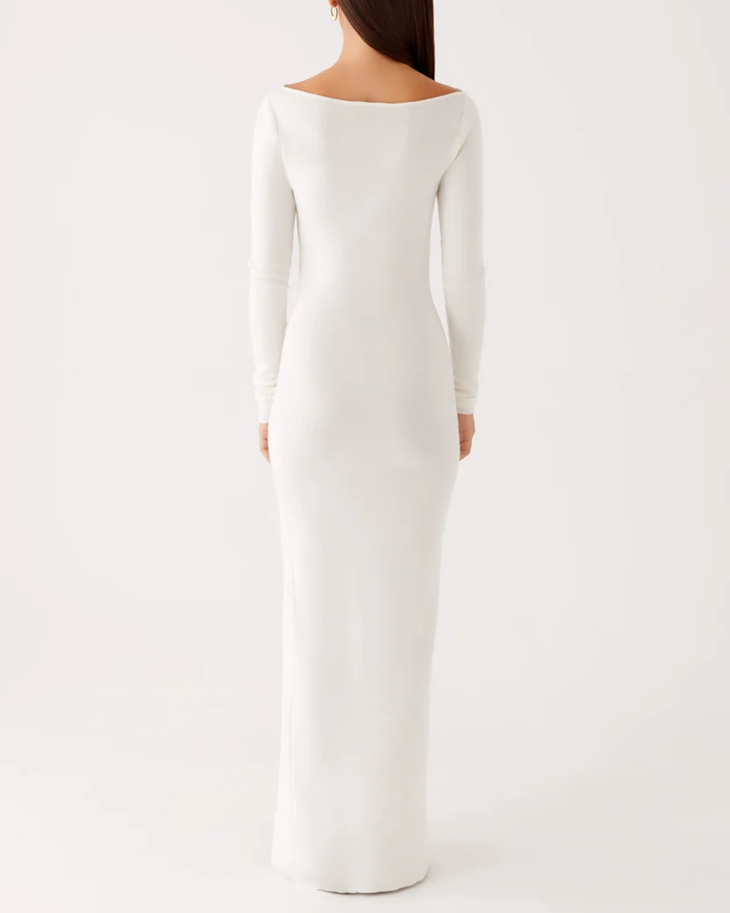 White long-sleeve knit maxi dress with high slit detail — Peppermayo | Endless UAE