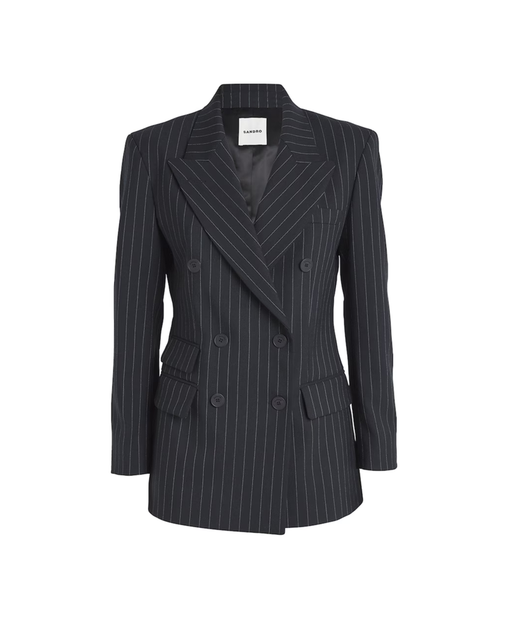Black pinstriped double-breasted blazer with long sleeves — Sandro | Endless UAE
