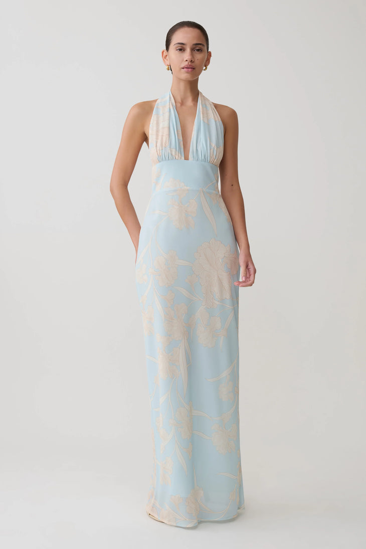 Light blue chiffon halter maxi dress with cream floral embroidery and scarf neckline — Meshki | Endless UAE
