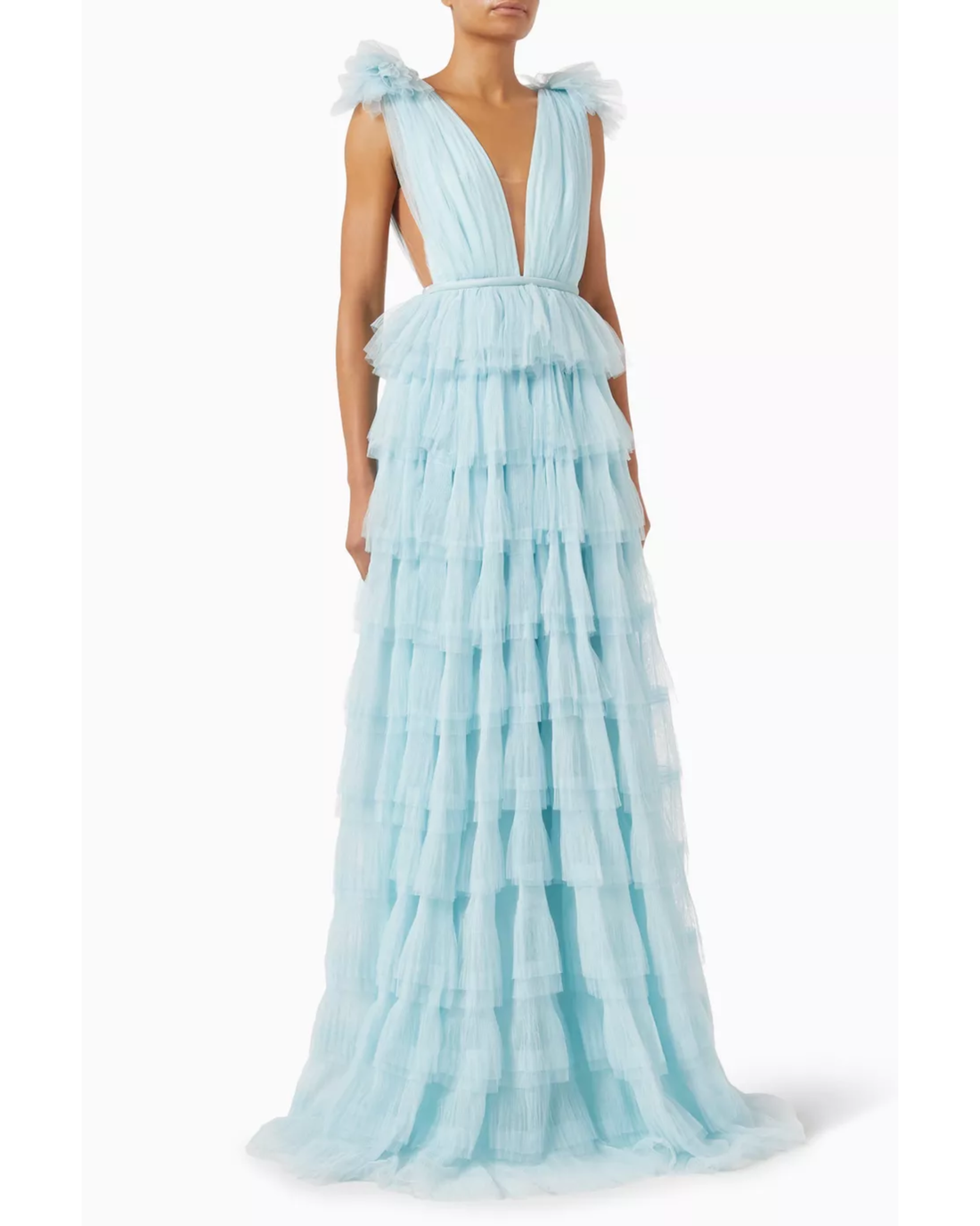 Sabrina Tiered Gown in light blue tulle with deep V-neckline and bow shoulders — Sau Lee | Endless UAE