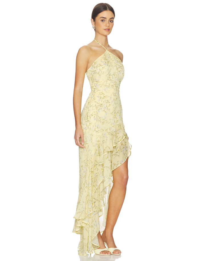 Carlina Dress in pale yellow floral print with halter neckline and asymmetrical ruffle hem — Amanda Uprichard | Endless UAE