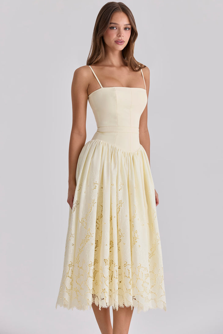 Cream lace broderie anglaise midi sundress with spaghetti straps and decorative hem — House of CB | Endless UAE