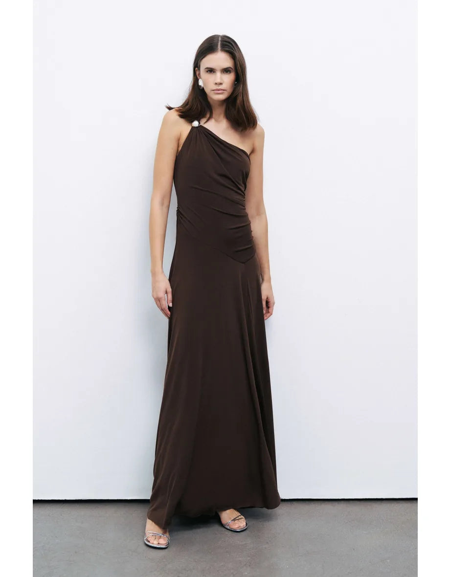 Woman modeling brown one shoulder maxi dress with open back detail — Nocturne | Endless UAE