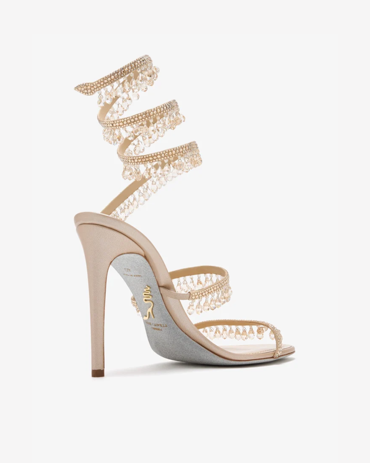 Champagne crystal chandelier heels with pearl-embellished straps and ankle wrap — Rene Caovilla | Endless UAE