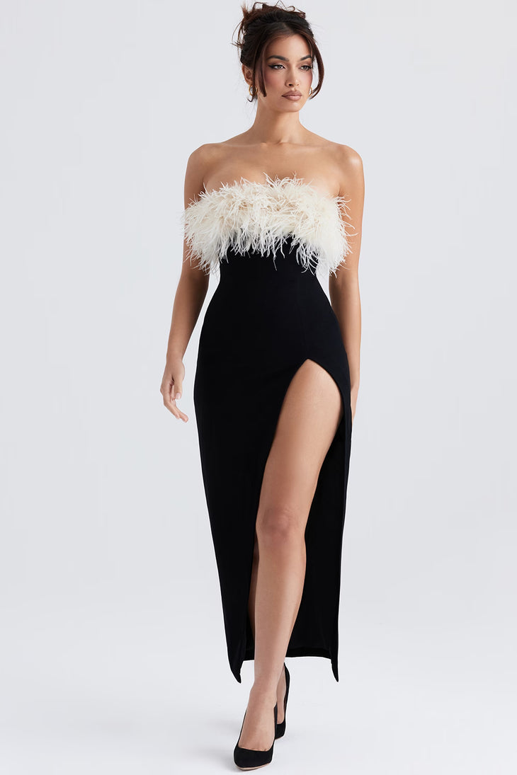 Black strapless midi dress with cream feathered bodice and thigh-high slit — House of CB | Endless UAE