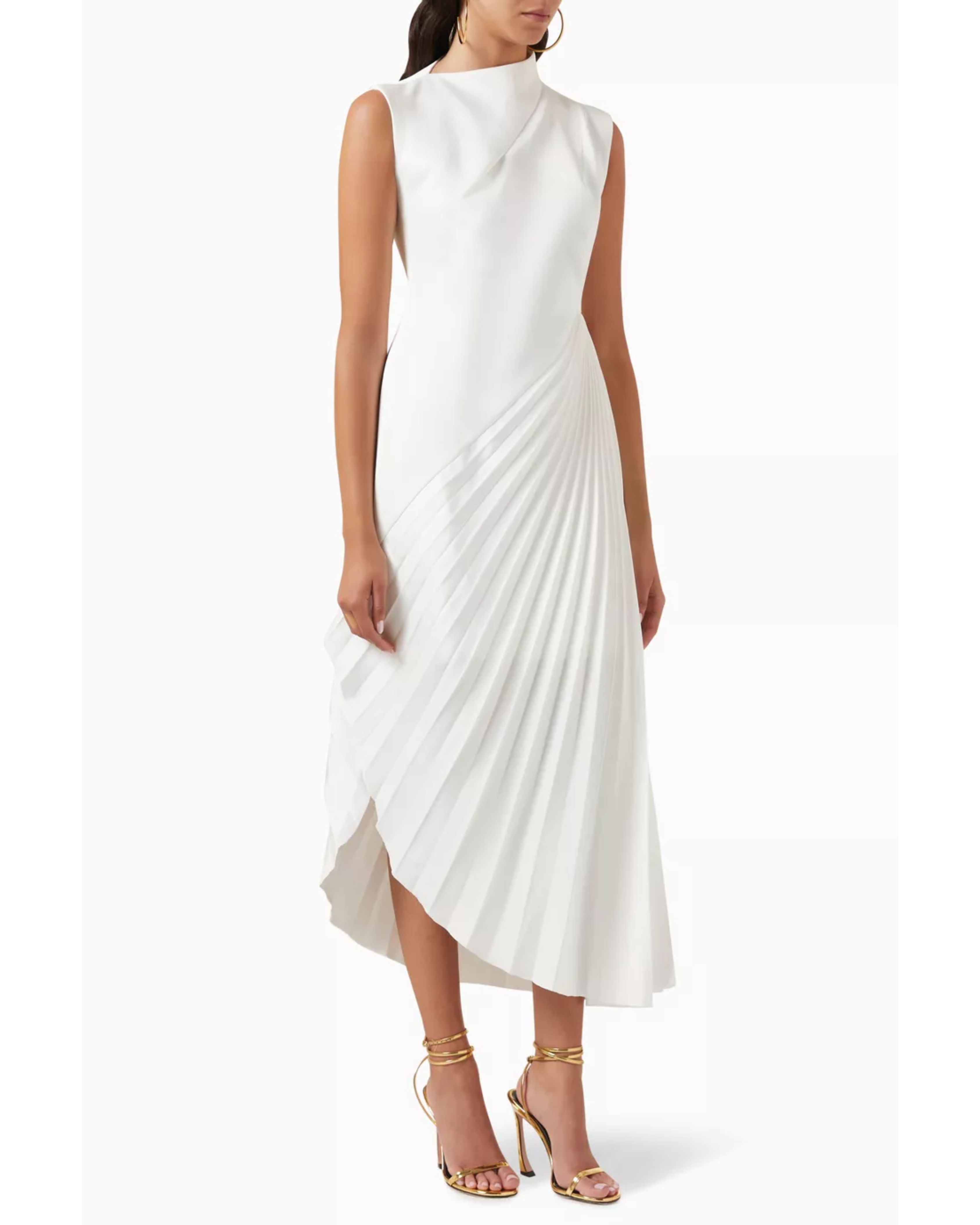 White asymmetrical pleated midi dress with gold accessories — Chats By C.Dam | Endless UAE
