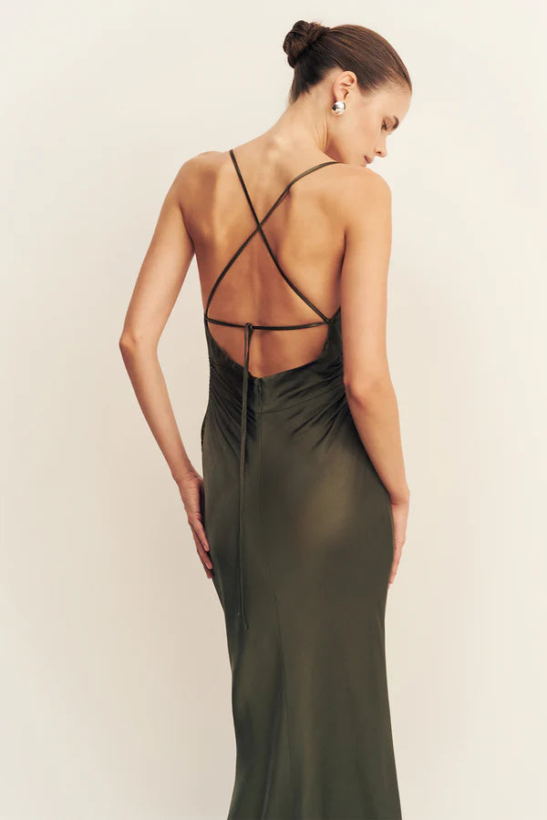 Olive satin cowl neck maxi dress with ruched sides and lace back detail — Shona Joy | Endless UAE