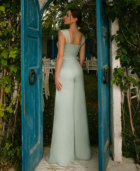 Agathe Jumpsuit in sage green with lace cap sleeves and cinched waist — Cinderellas Closet | Endless UAE