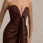 Burgundy satin plunge-neck draped maxi dress with ruched waist detail — Club L London | Endless UAE