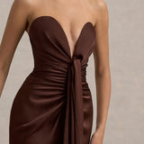 Burgundy satin plunge-neck draped maxi dress with ruched waist detail — Club L London | Endless UAE