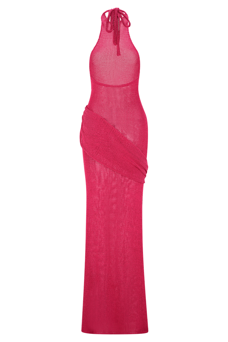 Hot pink halter knit maxi dress with draped side detail — Meshki | Endless UAE