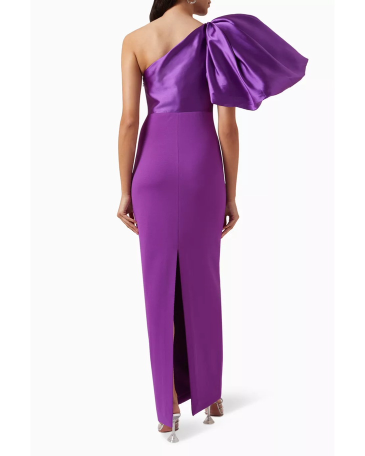 Purple one-shoulder maxi dress with dramatic puff sleeve — Solace London | Endless UAE