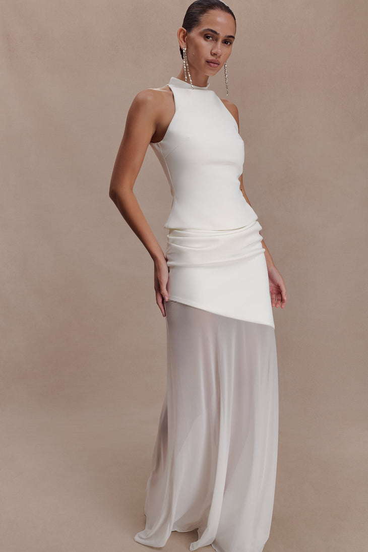 White scuba and mesh maxi skirt with asymmetrical color-block design — Meshki | Endless UAE