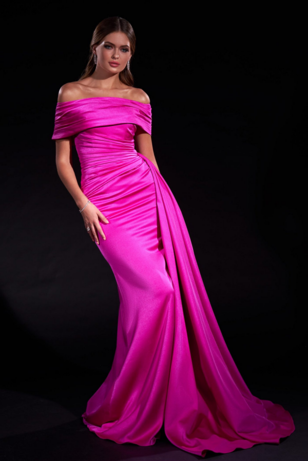Magenta pleated off-shoulder gown with dramatic train — Sophia Bognem | Endless UAE