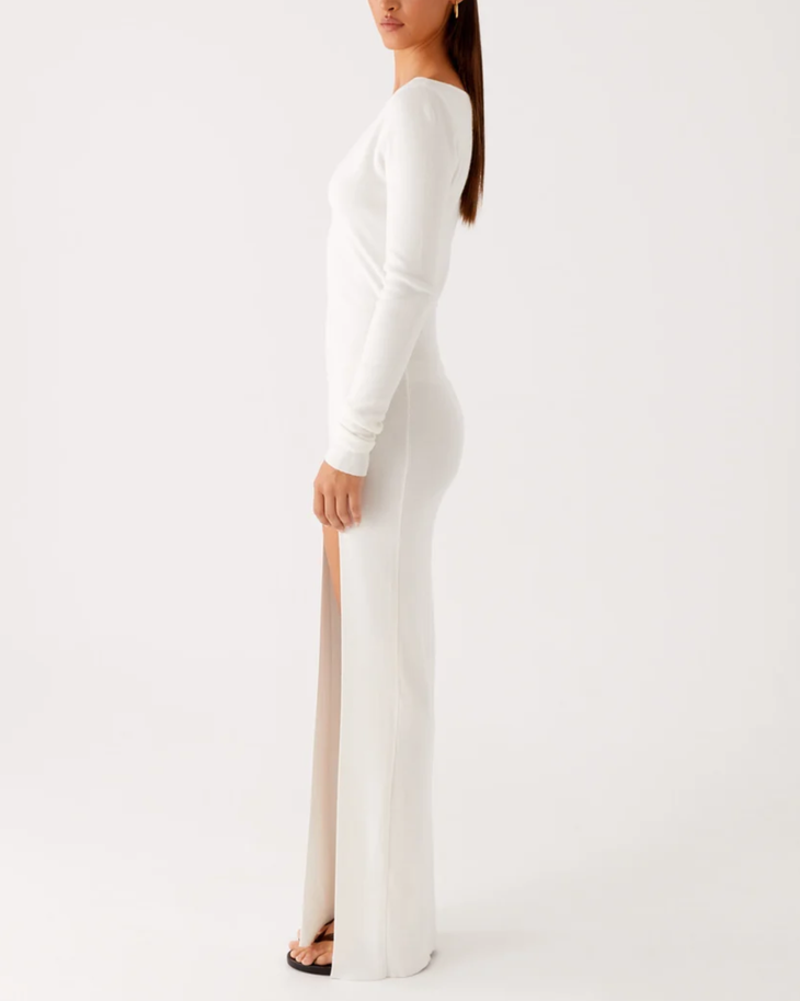 White long-sleeve knit maxi dress with high slit detail — Peppermayo | Endless UAE