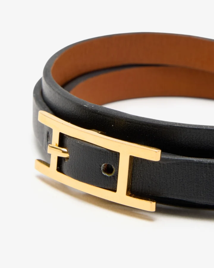 Black leather double tour bracelet with gold-tone buckle — Hermes | Endless UAE
